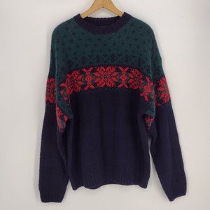 Vintage Gap 100% Shetland Wool Fair-Isle Christmas Navy Blue Green Red Sweater